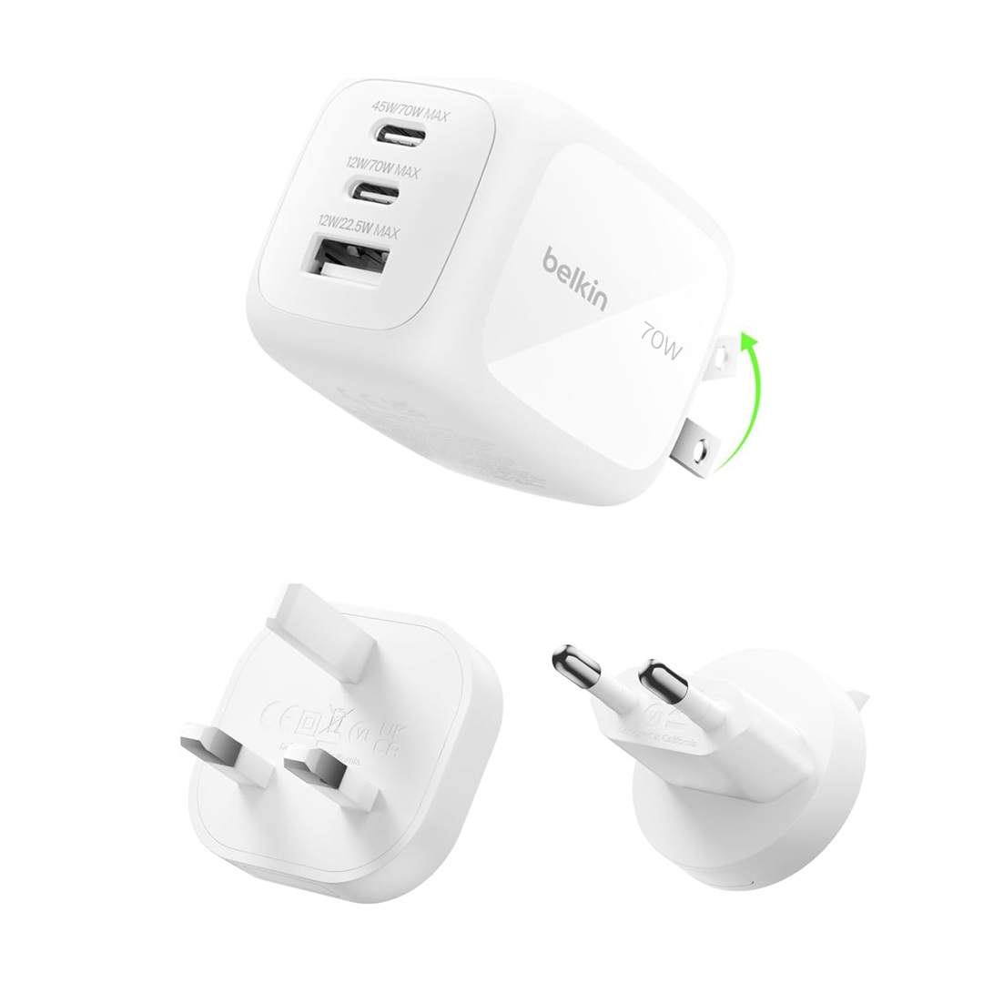 BELKIN BOOSTCHARGE PRO 3-PORT GAN WALL CHARGER 70W +INTERCHANGEABLE PLUG TIPS